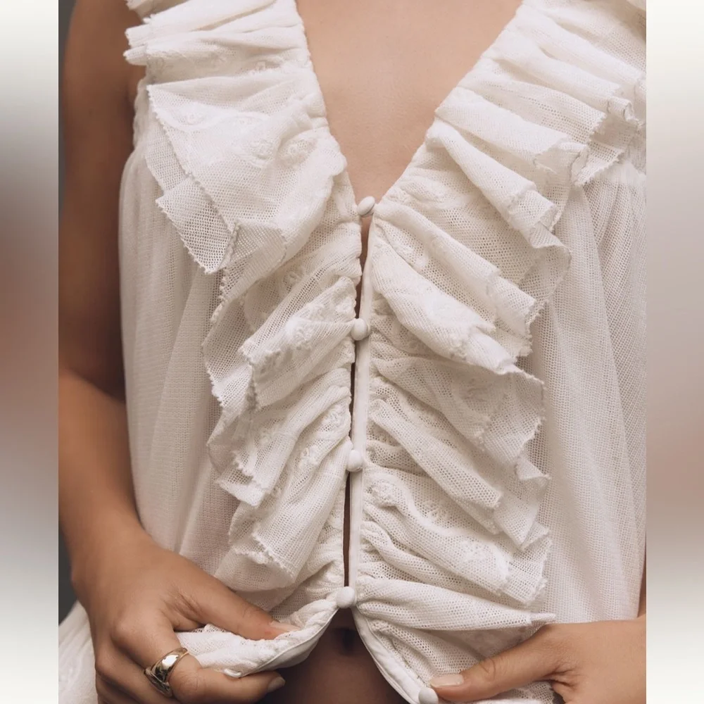 BNWT Anthropologie Sheer Ruffle Elegant Cream Ruffled Sleeveless Top - L - Picture 5 of 16